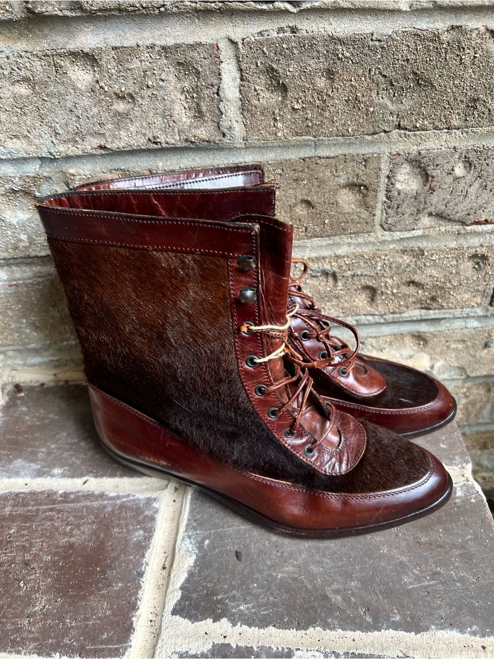 Brown Leather and Haircalf Lace-Up Ankle Boots